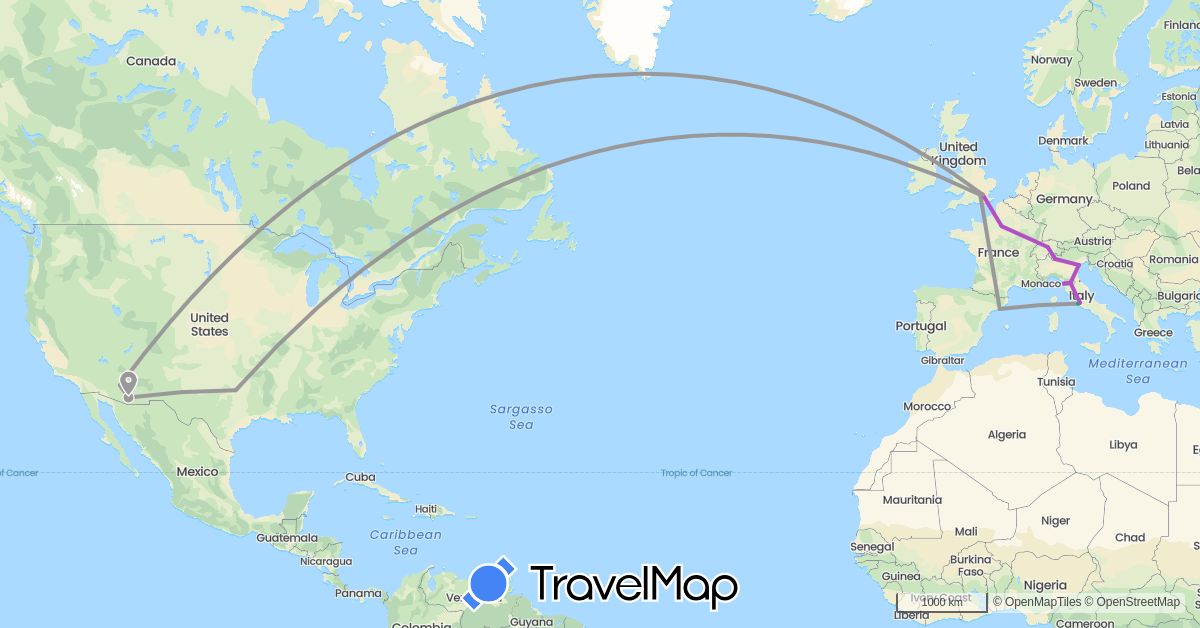 TravelMap itinerary: driving, bus, plane, train in Switzerland, Spain, France, United Kingdom, Italy, United States, Vatican City (Europe, North America)